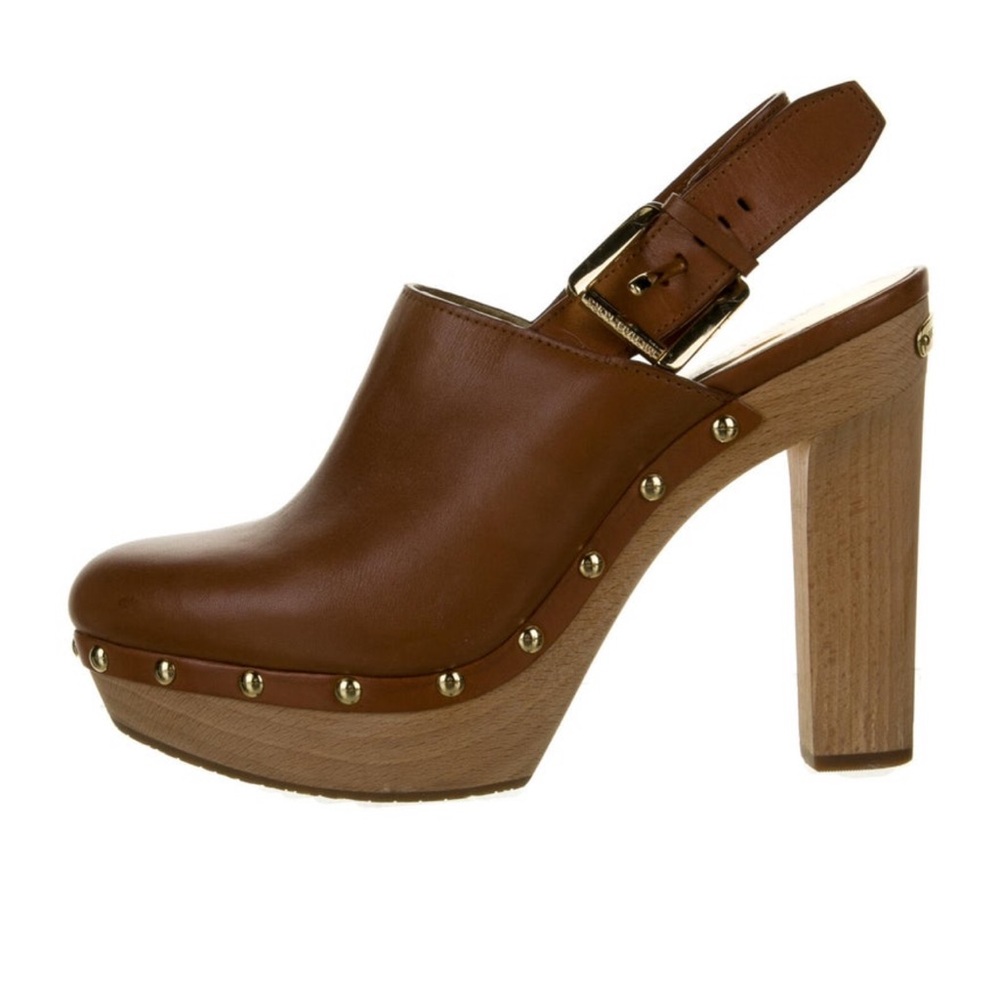 Michael Kors Brown Genuine Leather Wooden Slingback Clogs Size 8